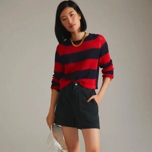 Clare V Raglan Sweater Open Knit Striped Pullover Navy Red Size XS